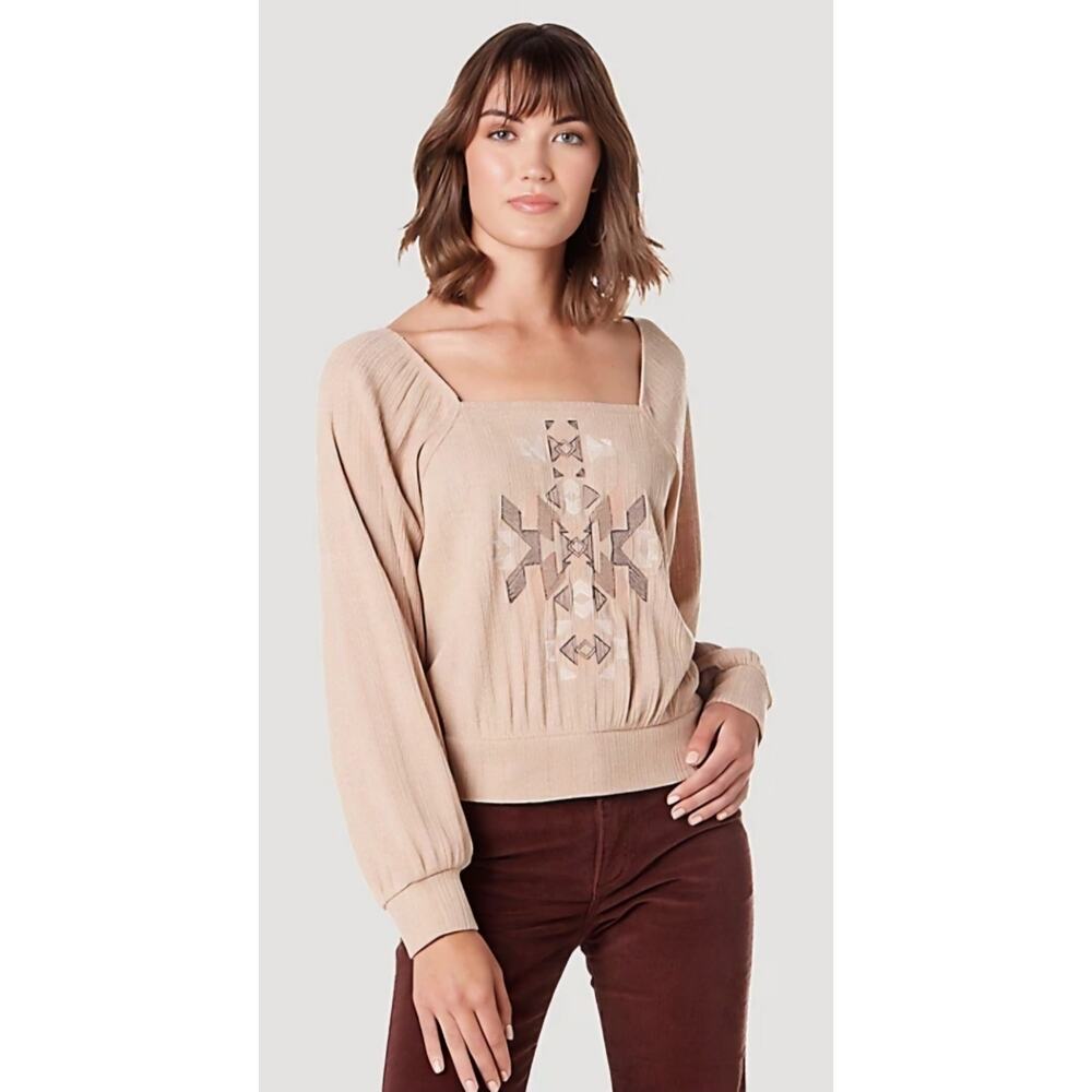 Women's Beige Square-Neck Embroidered Long-Sleeve Top